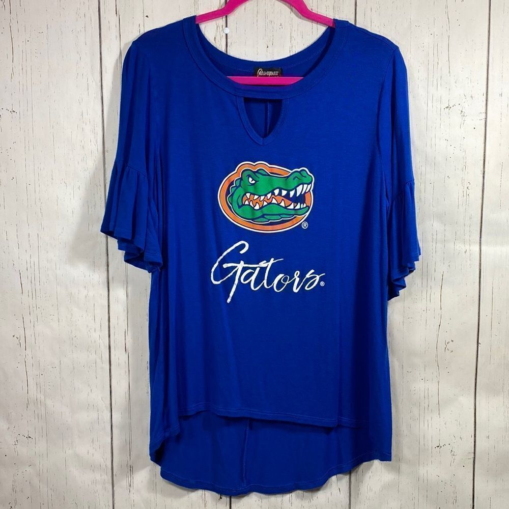 Florida Gators Game Day Womens Keyhole Ruffle Sleeve Blue Top